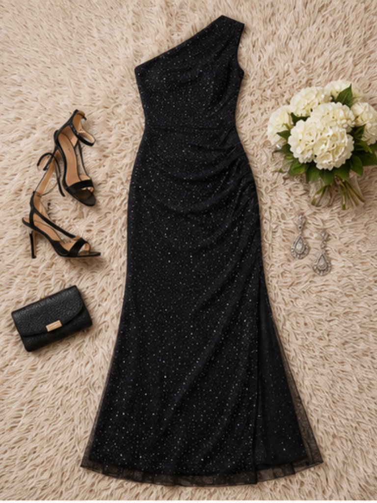 Betsy & Adam Studded One Shoulder Maxi Dress Black Silver Size 12 Nwt Formal